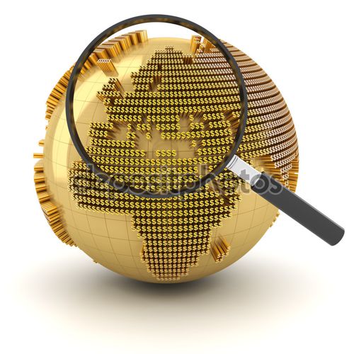 Globe with magnifying glass, economy outlook concept, 3d render