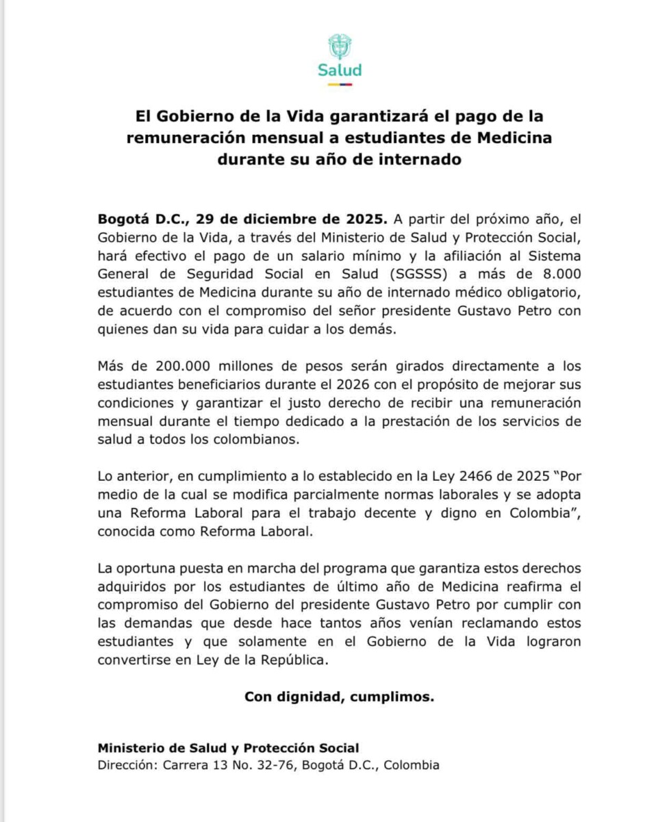 Gobierno pagará salario mínimo a internos de Medicina