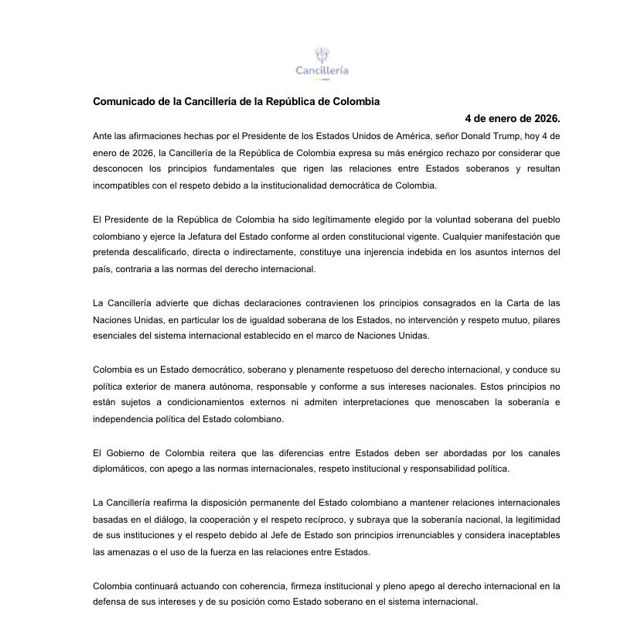 Comunicado de la Cancillería de Colombia frente a declaraciones de EE. UU.