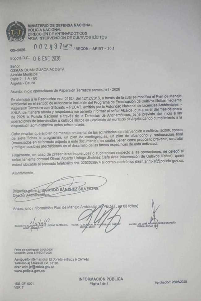 Confirman aspersión terrestre en Argelia, Cauca
