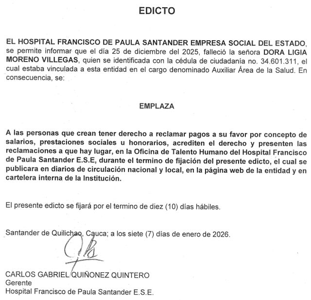 Atención al siguiente Edicto por fallecimiento - Santander de Quilichao