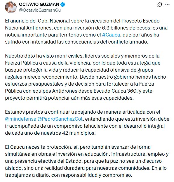 Gobernador del Cauca respalda escudo nacional antidrones