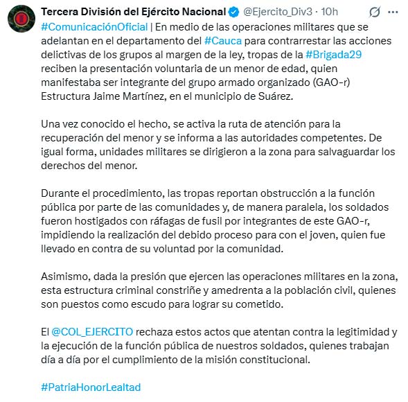 Hostigamientos armados impiden rescate de menor en Suárez