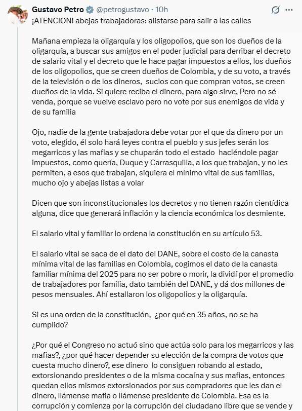 Petro convoca movilización por salario mínimo vital Petro convoca movilización por salario mínimo vital