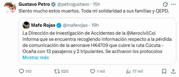 Petro expresa solidaridad por tragedia aérea en Norte de Santander Petro expresa solidaridad por tragedia aérea en Norte de Santander
