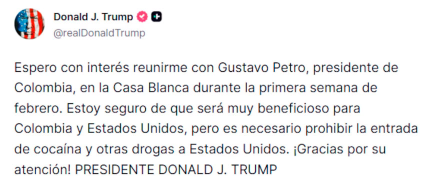 Trump confirma reunión con Petro en febrero