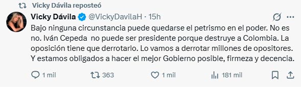 Vicky Dávila llama a frenar continuidad del petrismo