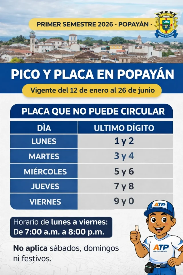 Pico y placa Popayán 2026 días y números de placa primer semestre