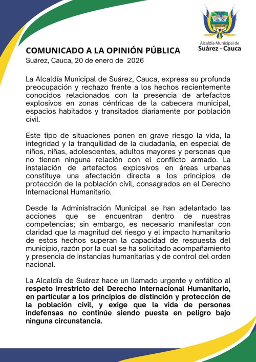 ¡Suárez en riesgo! Alerta por explosivos en el casco urbano - Comunicado de la Alcaldía de Suárez ¡Suárez en riesgo! Alerta por explosivos en el casco urbano - Comunicado de la Alcaldía de Suárez