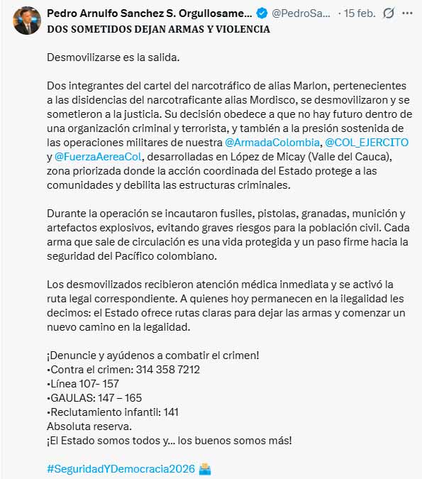 Dos disidentes se entregan en López de Micay