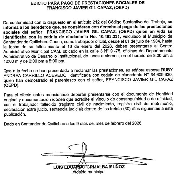 Edicto pago de prestaciones sociales Francisco Javier Gil