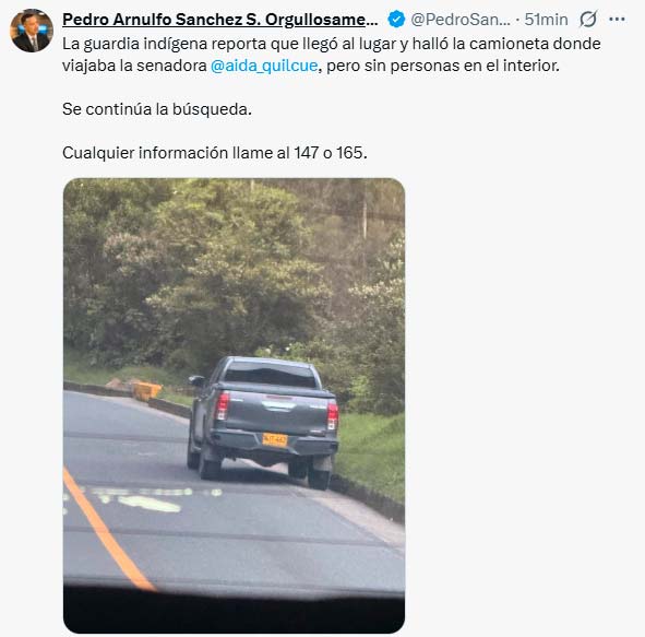 Hallan camioneta de la senadora Aida Quilcué sin ocupantes Hallan camioneta de la senadora Aida Quilcué sin ocupantes