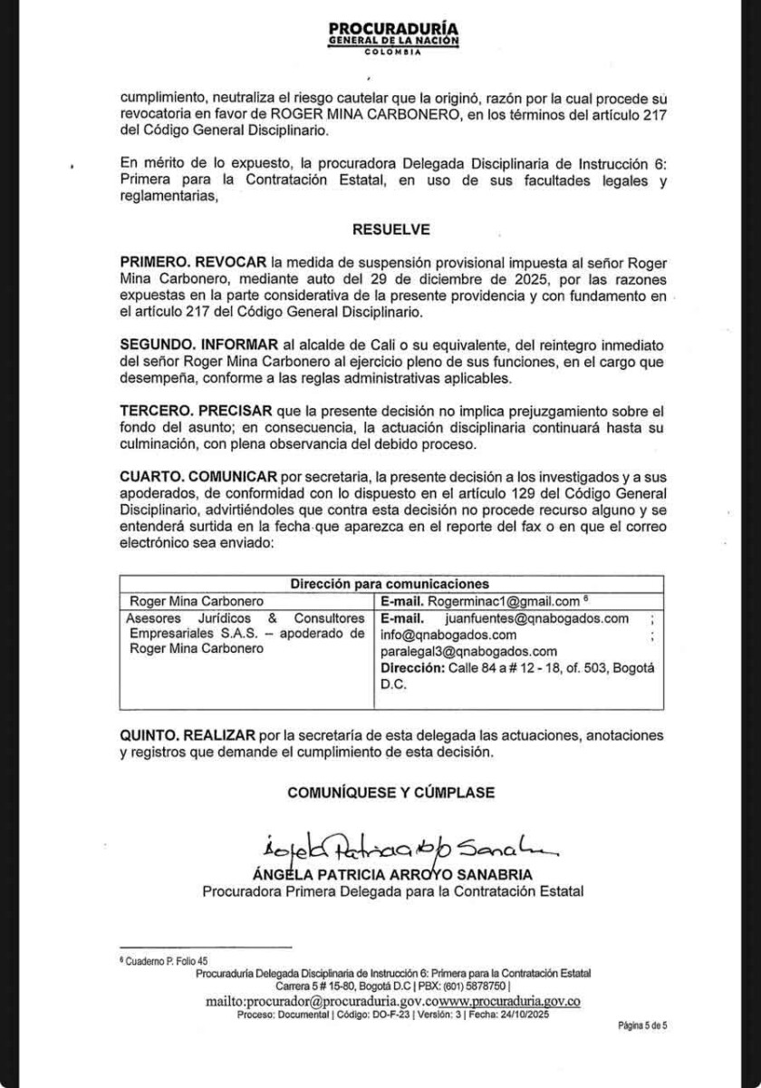 Procuraduría levanta suspensión a gerente de EMCALI