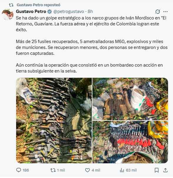 Bombardeo en Guaviare deja entregas e incautaciones