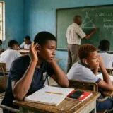 Estudiantes en una clase de geometría fingen prestar atención al profesor mientras ocultan audífonos para escuchar fútbol.