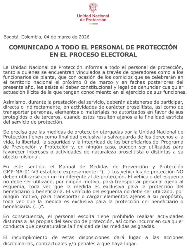 UNP advierte a escoltas: prohibido participar en política UNP advierte a escoltas: prohibido participar en política