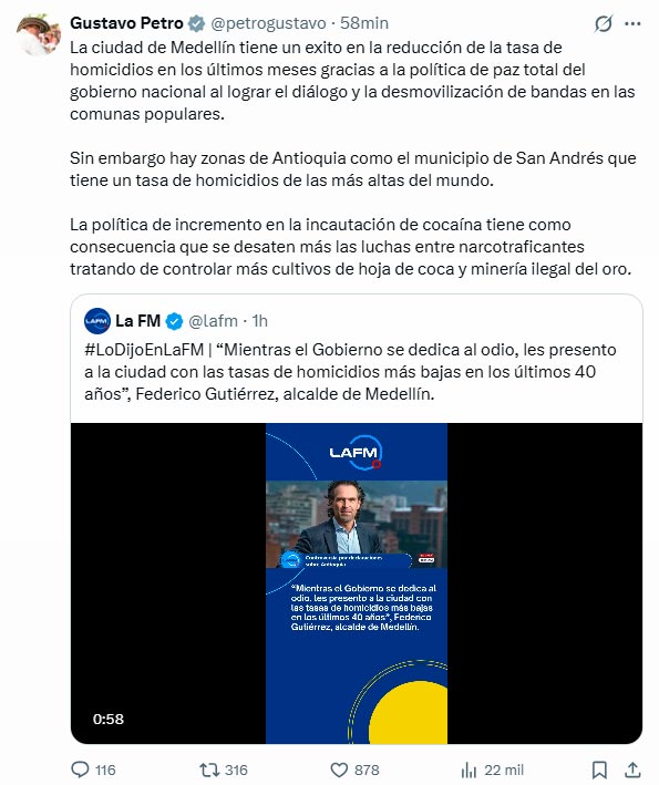 Cruce entre presidente Petro y alcalde Gutiérrez por homicidios en Medellín