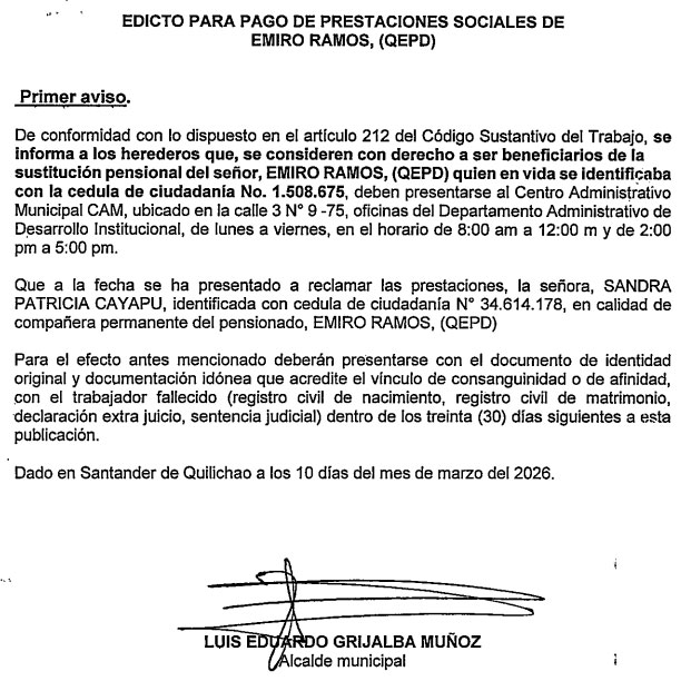 Edicto pago de prestaciones sociales - Emiro Ramos - Santander de Quilichao Edicto pago de prestaciones sociales - Emiro Ramos - Santander de Quilichao