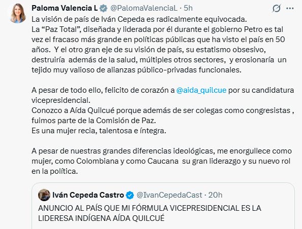 “Felicito de corazón a Aída Quilcué por su candidatura vicepresidencial”