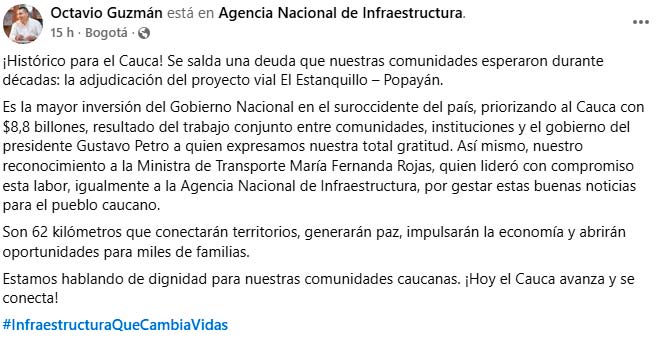 Gobernador celebra inversión de $8,8 billones en el Cauca Gobernador celebra inversión de $8,8 billones en el Cauca