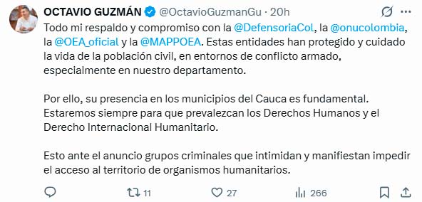 Gobernador del Cauca respalda presencia de misiones humanitarias Gobernador del Cauca respalda presencia de misiones humanitarias