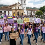 Una toma amplia de nivel medio muestra a cientos de mujeres del Cauca marchando por una plaza adoquinada frente a una iglesia colonial de piedra en Colombia. Llevan pancartas y carteles con consignas como "IGUALDAD LABORAL YA!", "FIN A LA VIOLENCIA DE GÉNERO", "RESISTENCIA FEMENINA", "NI UNA MENOS", y "MUJERES DEL CAUCA PRESENTES". La manifestación es intergeneracional, con mujeres que usan pañuelos morados y banderas colombianas en el fondo bajo un cielo nublado. Un ambiente de protesta pacífica pero decidida.