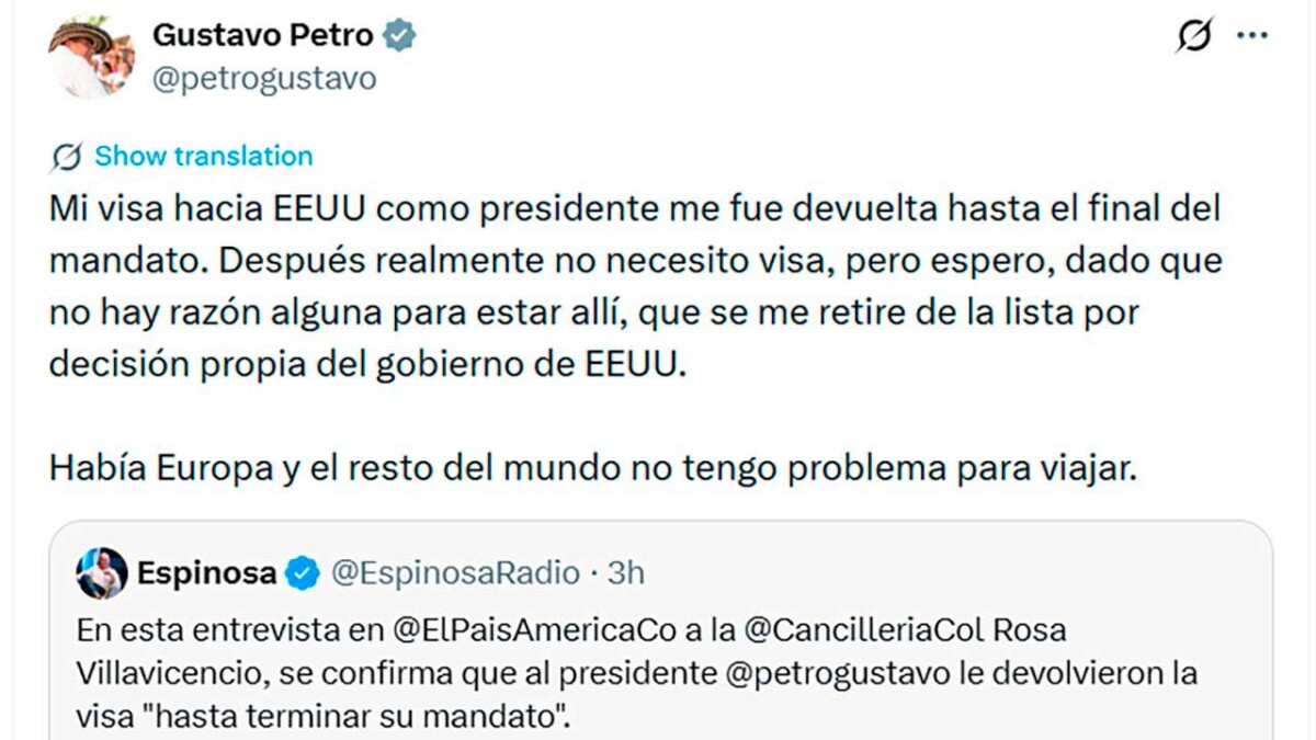 Presidente Petro dice que Estados Unidos restituyó su visa Presidente Petro dice que Estados Unidos restituyó su visa