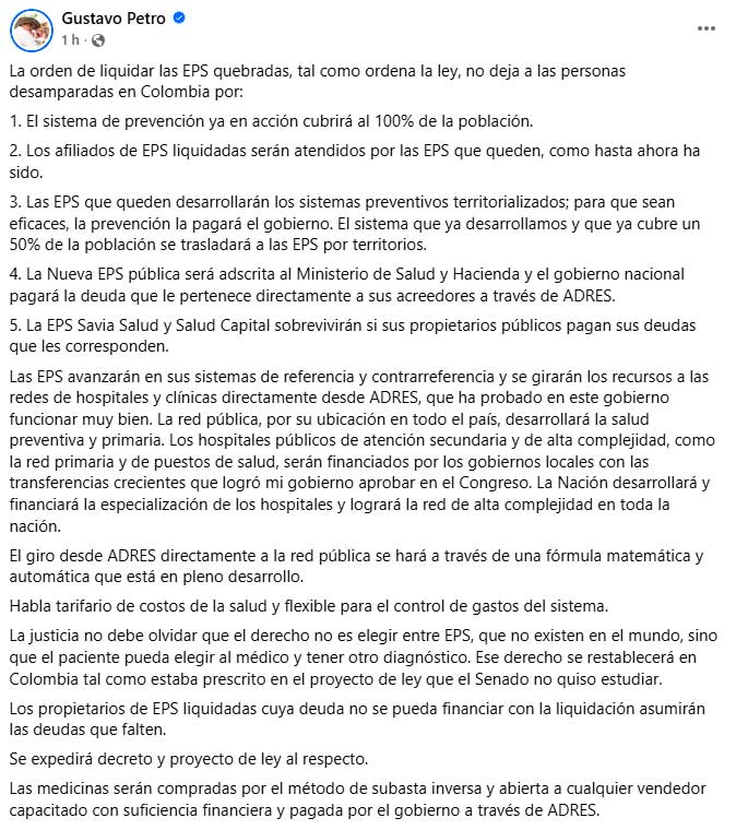 Presidente Petro dice que afiliados no quedarán sin servicio de salud Presidente Petro dice que afiliados no quedarán sin servicio de salud