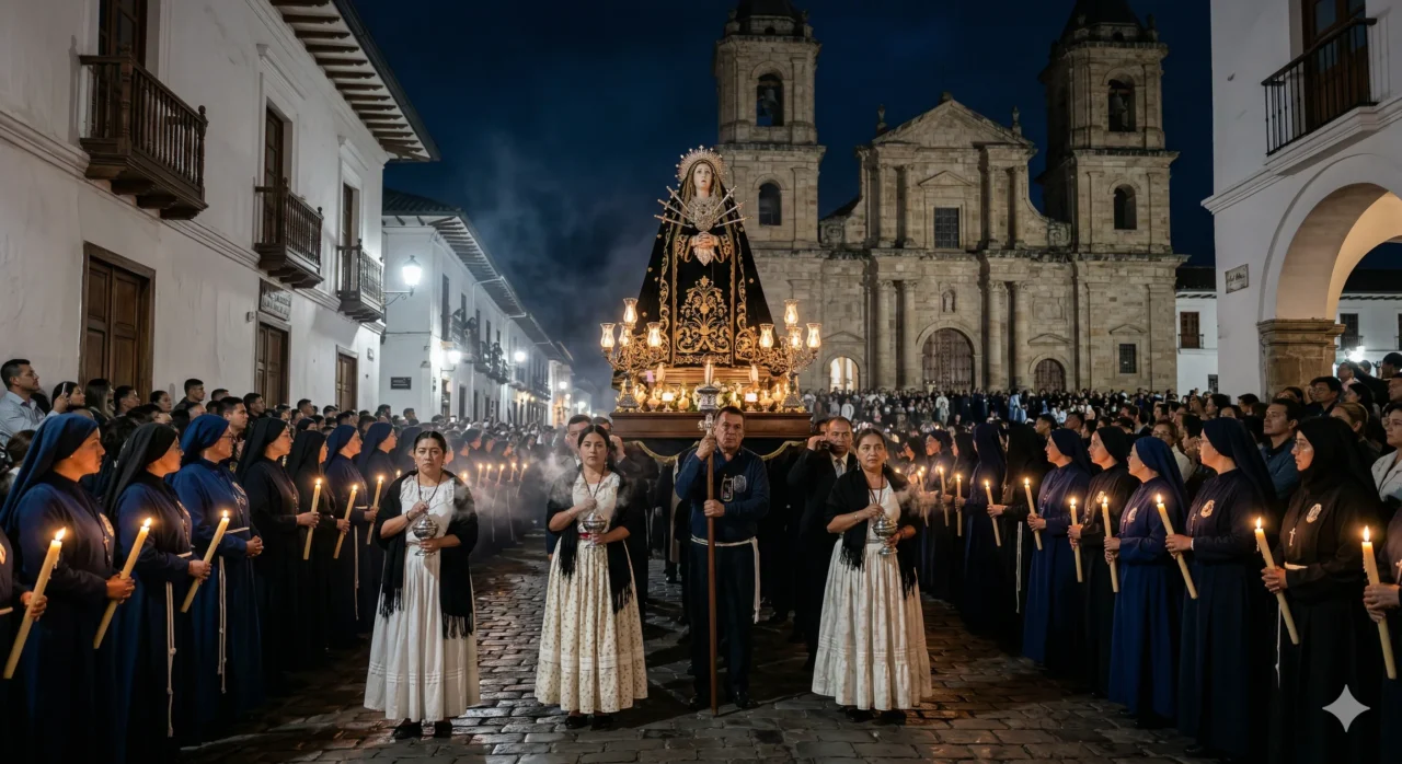 Procesión nocturna de Nuestra Señora de los Dolores en las calles empedradas de Popayán, Colombia, iluminada por cientos de velas con la Iglesia de San Agustín de fondo_png