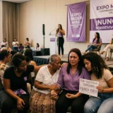 Mujeres sobrevivientes de violencia en Cali reunidas exigiendo justicia. Pie de foto: Grupo de mujeres asistentes al evento Expo Mujer 360 en Cali, donde solicitaron garantías judiciales.
