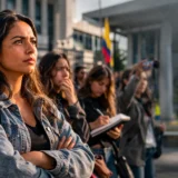 Mujer observa protesta frente a entidad pública en Colombia por acoso sexual