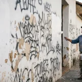 Fotografía documental de un hombre con ropa manchada de cal blanqueando una pared histórica de adobe en Popayán, Colombia. El hombre usa un rodillo para cubrir graffitis negros sobre la fachada blanca, mientras de fondo se aprecia una calle empedrada con transeúntes en un entorno colonial.