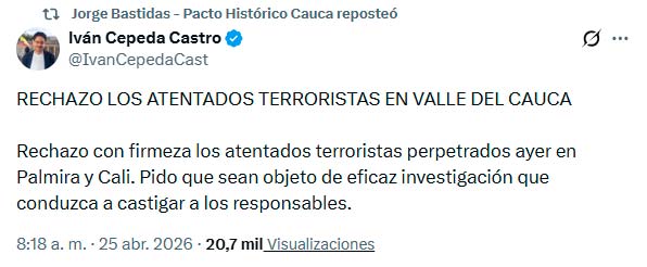 Cepeda rechaza atentados y exige investigación en Valle Cepeda rechaza atentados y exige investigación en Valle