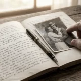 Mano sobre foto antigua en cuaderno con pluma