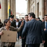 Una mujer indígena de edad avanzada gesticula con una mano mientras sostiene un cartel de cartón marrón en blanco sobre los escalones del Capitolio Nacional de Colombia en Bogotá. Un grupo de hombres con trajes oscuros y un oficial de policía uniformado se alejan de ella. El fondo muestra las grandes columnas neoclásicas del edificio y las banderas de Colombia. La iluminación es natural.