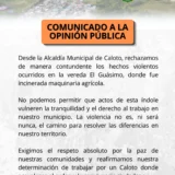 Comunicado de la Alcaldía de Caloto sobre la incineración de maquinaria agrícola en la vereda El Guásimo