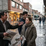 Una escena de calle mojada en Colombia donde tres personas discuten política. Un hombre mayor sostiene un periódico de El Espectador con el titular "CEPEDA SE NIEGA AL DEBATE". A la derecha, un televisor muestra noticias políticas.