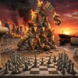 Una ilustración editorial compleja con Ciro el Grande sosteniendo el Cilindro de Ciro, un tablero de ajedrez con misiles, y una casa de naipes en llamas hecha de dólares estadounidenses. Al fondo, las ciudades de Tel Aviv y Dubái están ardiendo, y carteles en español mencionan "Gaza Genocidio" y "Estrecho de Ormuz: Cerrado"