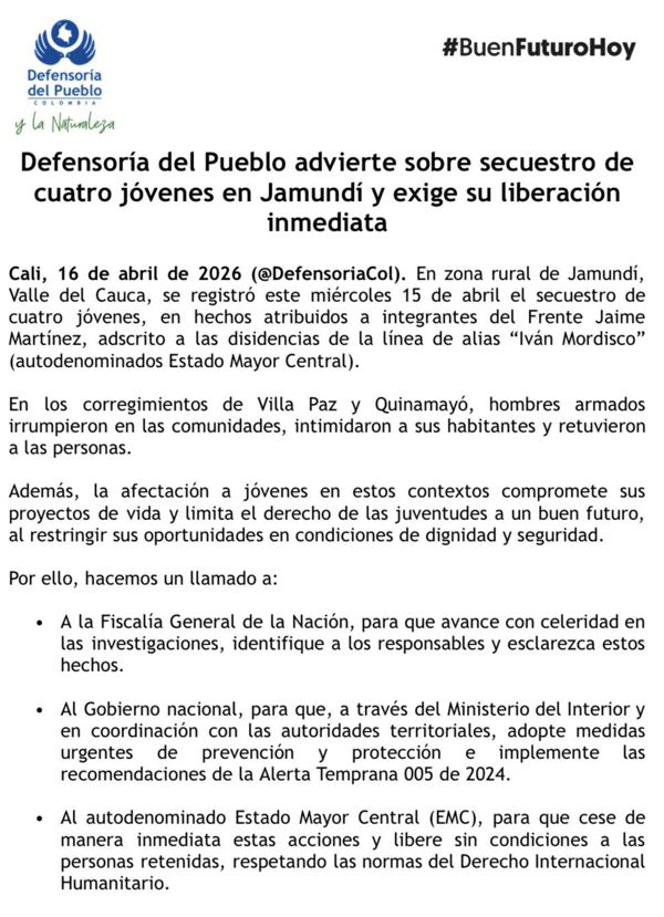 Defensoría alerta secuestro de cuatro jóvenes en Jamundí