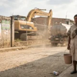 Mujer indígena con balde frente a excavadora industrial y cartel político en calle de tierra del Cauca, Colombia.