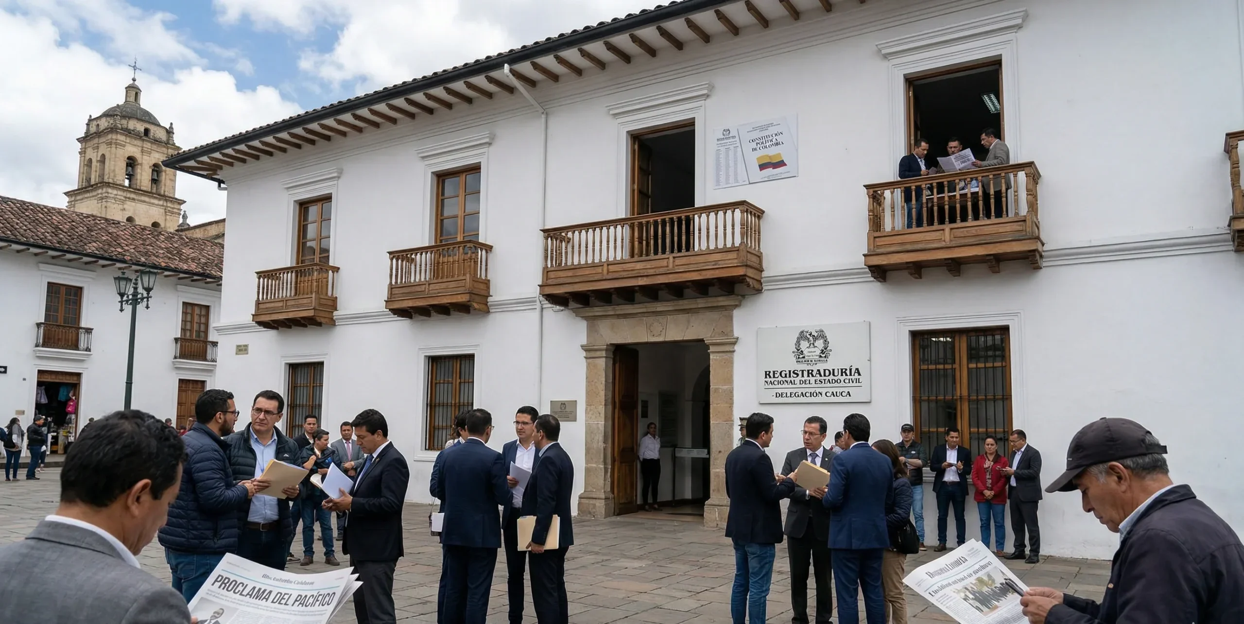 Oficial electoral de Popayán inspeccionando lista del Pacto Histórico en el Cauca y documento constitucional con datos de votación 2022.