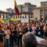 Retrato cinematográfico de Iván Cepeda Castro en una plaza pública colombiana, sosteniendo un micrófono y notas de discurso con expresión serena y firme. En el fondo, una multitud desenfocada y banderas de Colombia bajo una iluminación dramática de atardecer. Estilo de fotoperiodismo editorial de alta resolución.