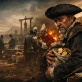 Hombre con vestimenta colonial sostiene monedas y documentos mientras al fondo se mezclan escenas de conquista, poder religioso, violencia y política en un paisaje latinoamericano con fuego y tensión social.