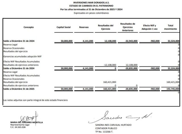 Estados de Situación Financiera - Inversiones Mar Dorado 2025
