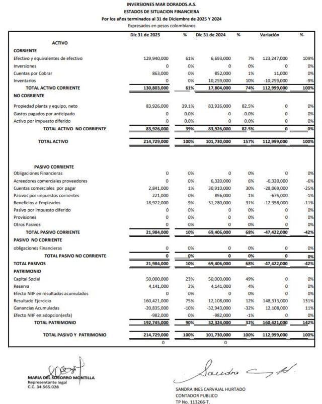Estados de Situación Financiera - Inversiones Mar Dorado 2025