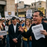 Fotoperiodismo de campaña electoral en Colombia: candidato dando un discurso apasionado rodeado de una multitud con pancartas en una plaza pública.