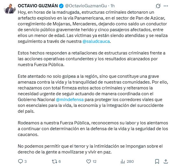 Gobernador alerta por retaliación tras ataques en Cauca Gobernador alerta por retaliación tras ataques en Cauca