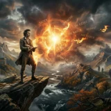 Una figura solitaria de Friedrich Hölderlin de pie en un acantilado dramático frente a un cielo tormentoso, montañas escarpadas y un núcleo central de luz abrasadora. Sostiene un cuaderno y una pluma mientras mira el caos. Palabras alemanas y griegas fragmentadas como "GOTT", "SPRACHE" y "DIE NATUR" flotan y se queman cerca de la luz. Estilo de pintura romántica y simbolismo.