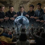 Líderes tecnológicos globales frente a mapa digital controlando inteligencia artificial