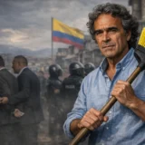 Sergio Fajardo sostiene escoba frente a escena de corrupción y policía en Colombia